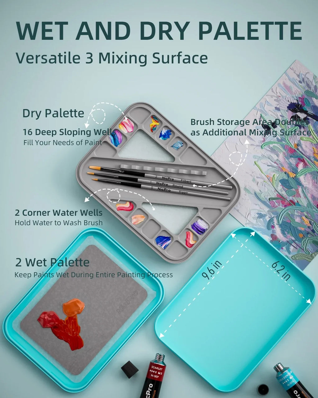 Paint Stay Painting 100Pcs Tray Pallet Paint Mixing 4Pcs with Palettes Kit, Palette Paint Brush Storage Holder Paper, Miniature Acrylic Wet for Nicpro Sponge,