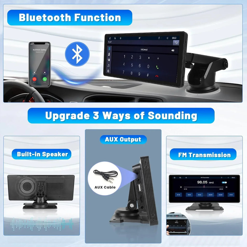 Wireless Stereo Portable 10.26" Screen Android FM Suv Car Bluetooth Vehicles, Camera Radio with AUX Auto 7-32V Mirror 64G Van Carplay Car Card&Backup Podofo for Pickup Link Touch