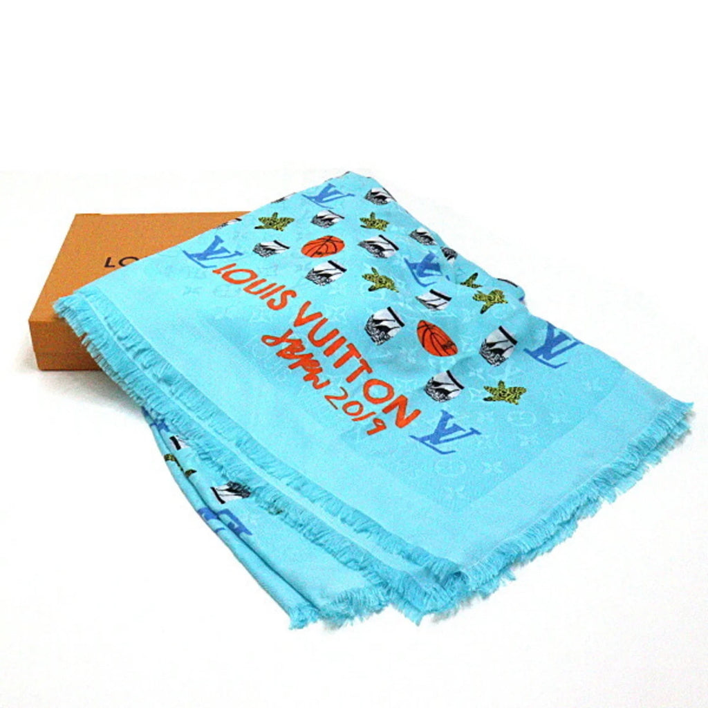 Louis Jonas Vuitton stole silk shawl JONAS WOOD 60% 40% Pre-Owned (Like New) wool Wood basketball/flower/pot monogram blue M76053