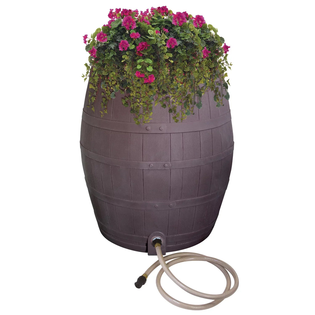 – 50-Gallon Design – Outlet Hose Diverter, Flatback Includes Planter, Whiskey Rain Barrel Rain – Rescue Brown Water