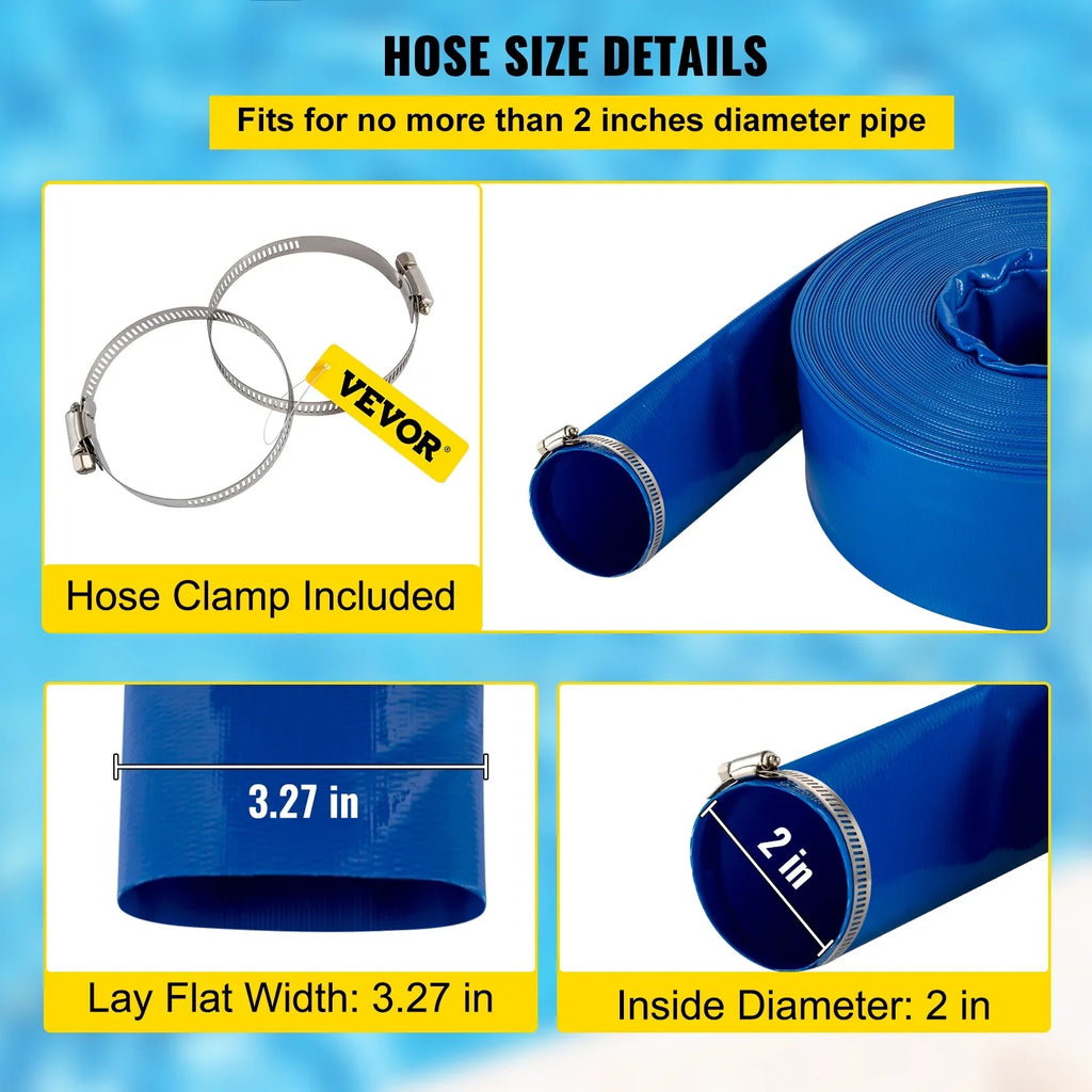 Transfer, Swimming Clamps, 2" Duty Hose Drain Flat 105', PVC Discharge Weather-proof Water Lay with Heavy for & Fabric Backwash BENTISM Ideal & Pool Blue x Hose, Burst-proof, Hose,