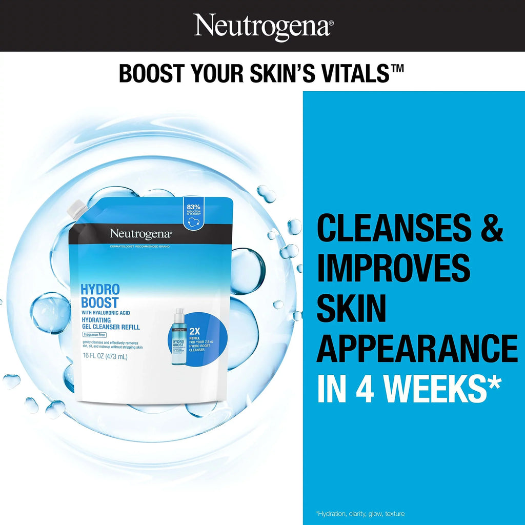 16 & Hyaluronic Gentle Hydrating Face Hydro Remover, Oz Wash, Facial Neutrogena Free Gel Boost Acid, Non-Comedogenic, Refill Fl. Foaming Fragrance With Makeup Daily Pouch, Face Cleanser Wash