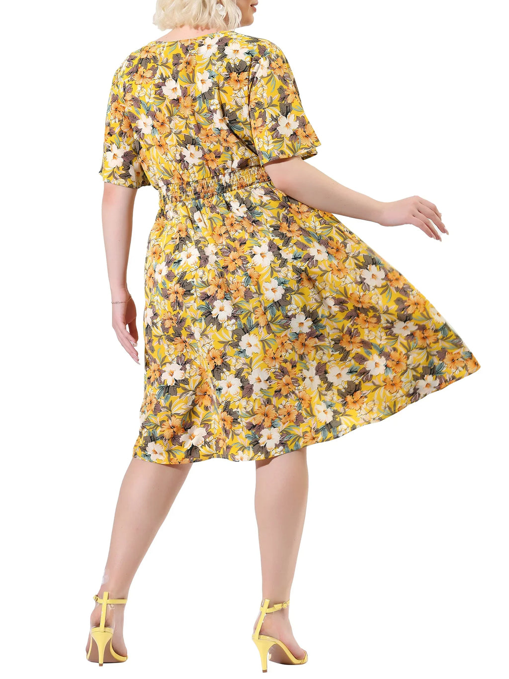 NOVA Plus 3X Yellow Midi Flare Neck V Sleeve Dress Print Casual MODA Floral Juniors'