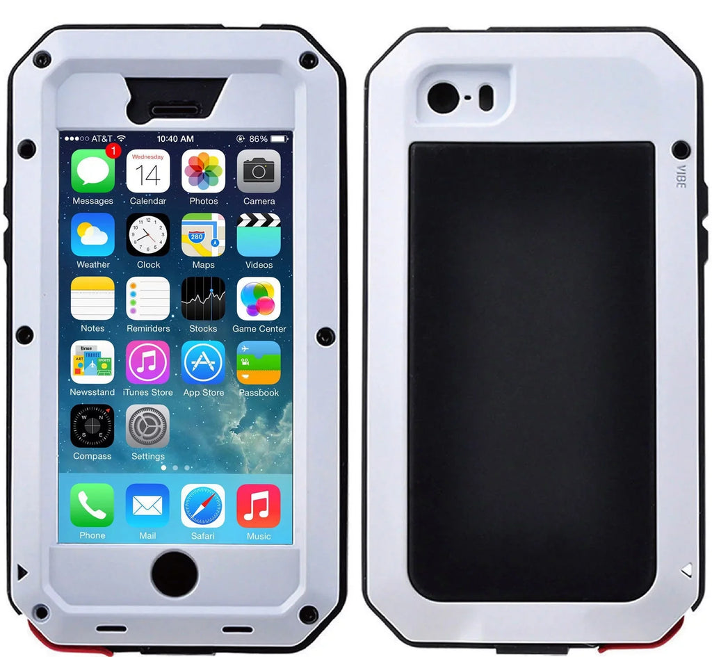 Outdoor Glass Gorilla Shockproof iPhone 5 Scratch Travel Aluminum Grade Rugged Heavy Resistant Duty Military Protection, (White) and Metal Case