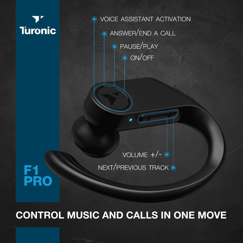 Earhook Running, Wireless - - Black w/Microphone with Sport Mic, Earbuds 45H Pro - Gym, Playtime, F1 True Charging Waterproof Turonic Bluetooth case, - Earphones Headphones Wireless Workout for IPX7