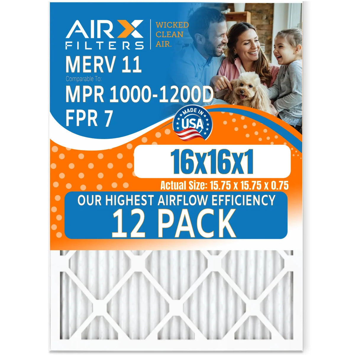 Filter 16x16x1 MERV Rating, Comparable 12 FPR Filters 7, Air WICKED in Filters to AIRX by of FILTERS Furnace High Furnace 11 12 MPR MPR 1000, Pack AIR. Efficiency 1200, Pack of USA CLEAN Made