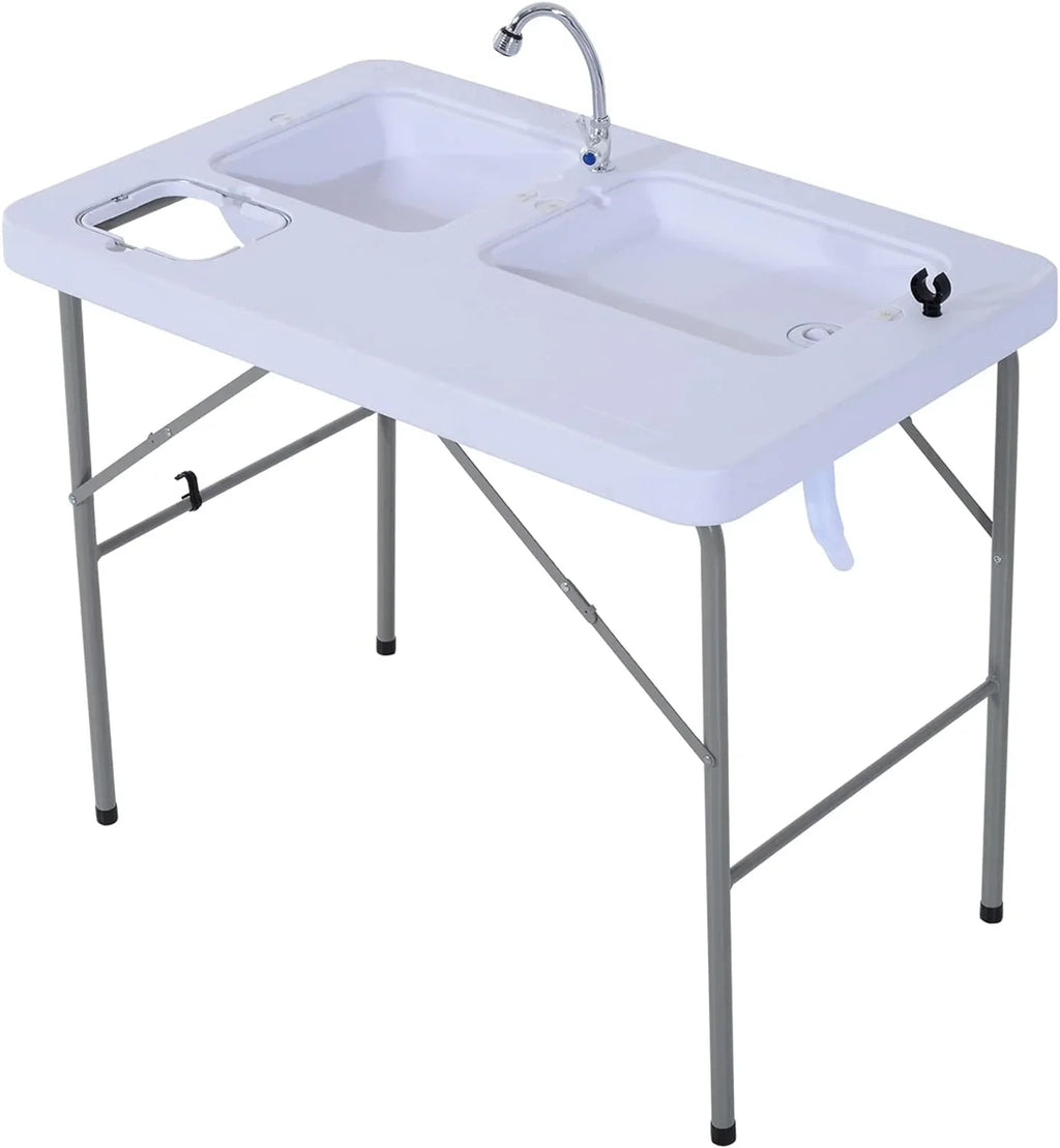 Table Table Outdoor Folding with Basins, Water Camping Sink for Station, Faucet Dual and Picnic, Fish Fishing, 40''