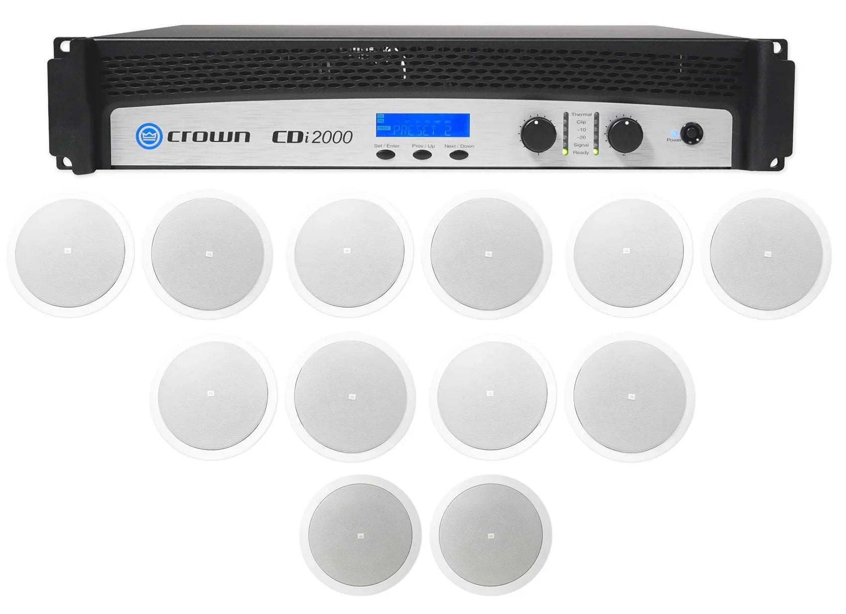 Crown CDi2000 Amplifier+10) Speakers JBL Background Front+2) Commercial 70V 800w