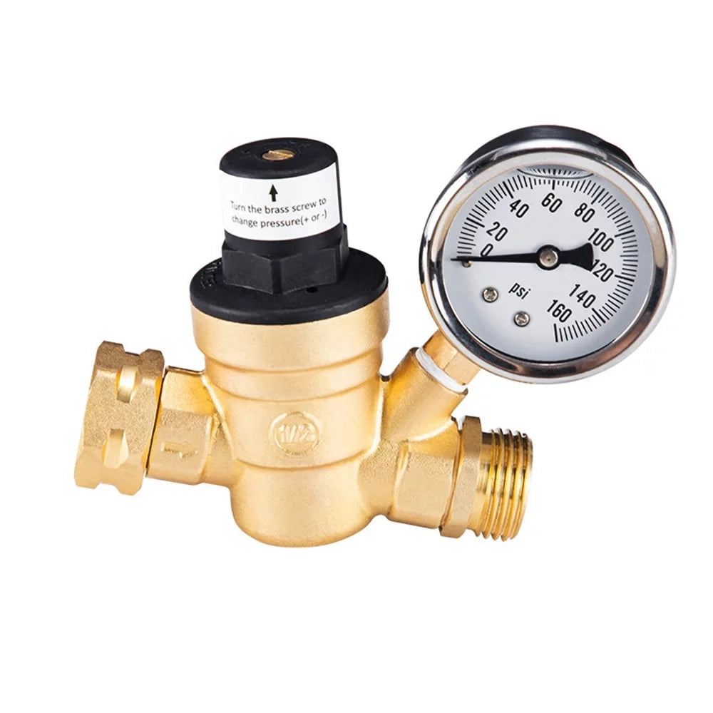 RV Inlet with Lead-Free Travel Ideal Pressure Gauge and 0-160PSI Adjustable for Water Valve Screened Filter, and Regulator Brass, Trailers -