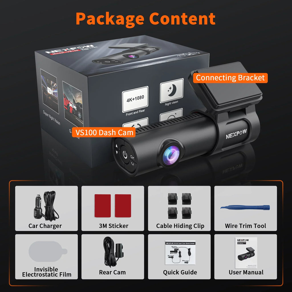 Dash Rear NEXPOW Wide Support Capacitor, GPS, Screen, 4K 1.47" 24H Car Parking WDR, IPS Angle, Vision, Super with Dash Camera Night Mode, Max Cam, with Cam 128GB Built-in 170° Front and