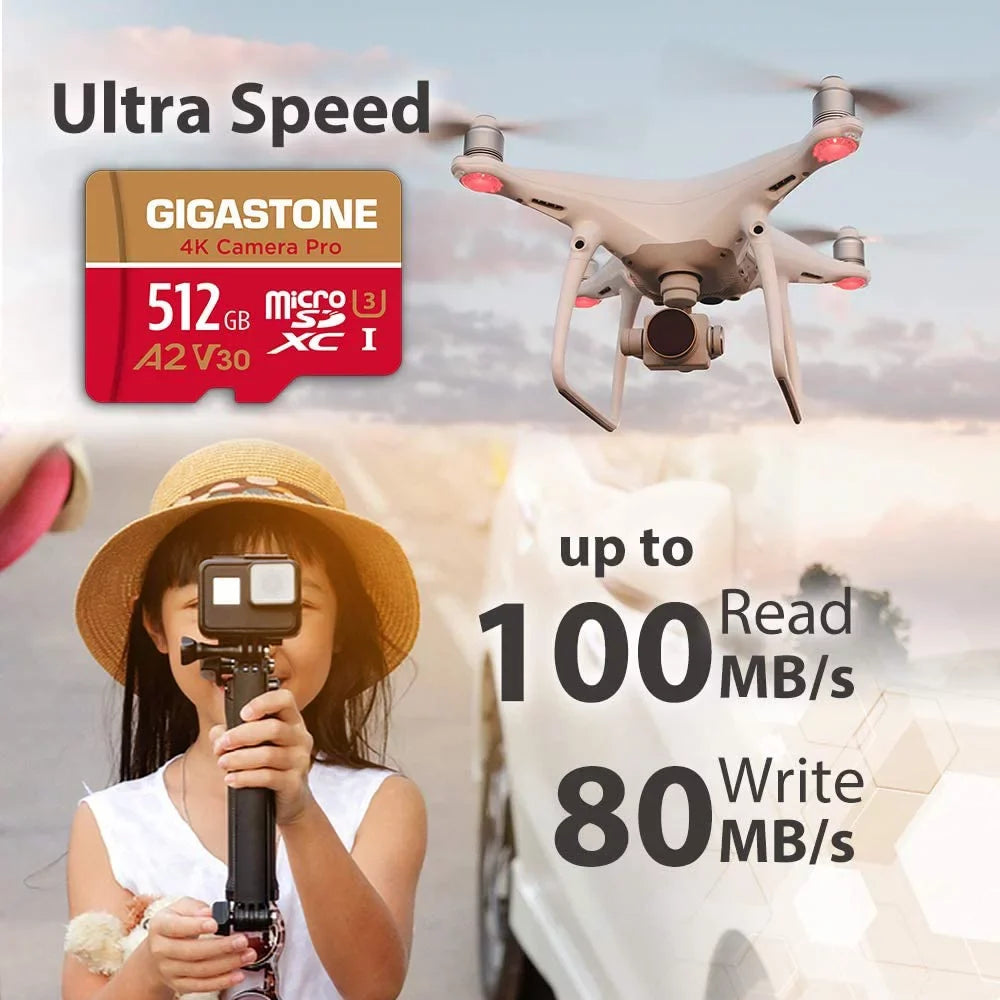 up to Micro SDXC Micro A1 Cam, Switch, compatible Class GoPro 512GB Gigastone Pro, MB/s, Dash R/W Video Camera Recording, 100/60 4K 4K V30 UHS-I 10 SD Card, with Cameras, Nintendo