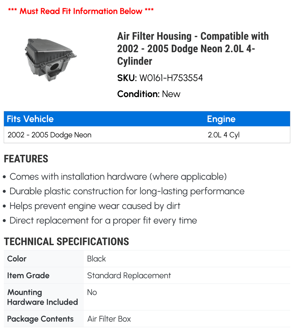 2003 2005 with - 2.0L 4-Cylinder Air Housing - Neon Compatible 2004 Filter 2002 Dodge
