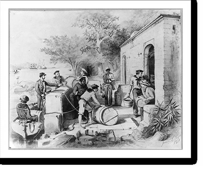 Framed 17-7/8" filling on River,. fresh the Columbus Spring Print, 1871]: with [Dominican Seamen water, Historic The Diago 21-7/8" Republic, x Ozania casks