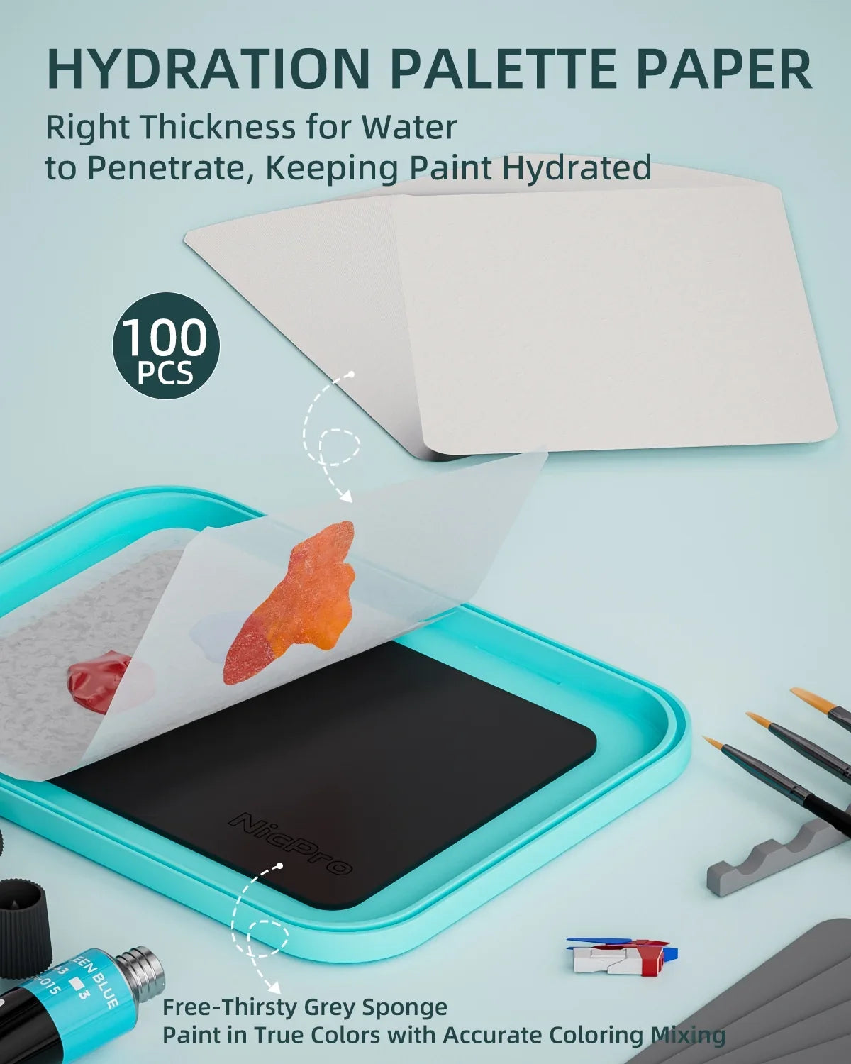 Paint Stay Painting 100Pcs Tray Pallet Paint Mixing 4Pcs with Palettes Kit, Palette Paint Brush Storage Holder Paper, Miniature Acrylic Wet for Nicpro Sponge,