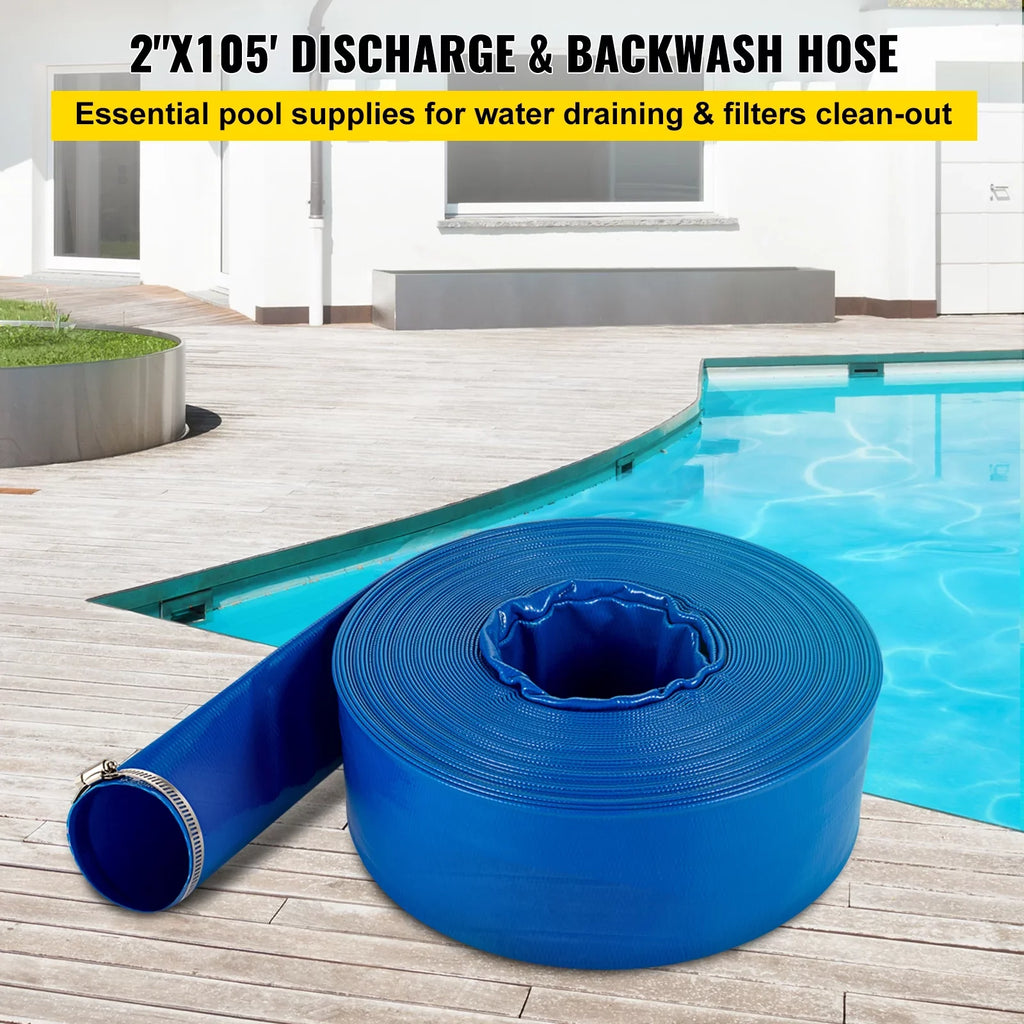 Transfer, Swimming Clamps, 2" Duty Hose Drain Flat 105', PVC Discharge Weather-proof Water Lay with Heavy for & Fabric Backwash BENTISM Ideal & Pool Blue x Hose, Burst-proof, Hose,