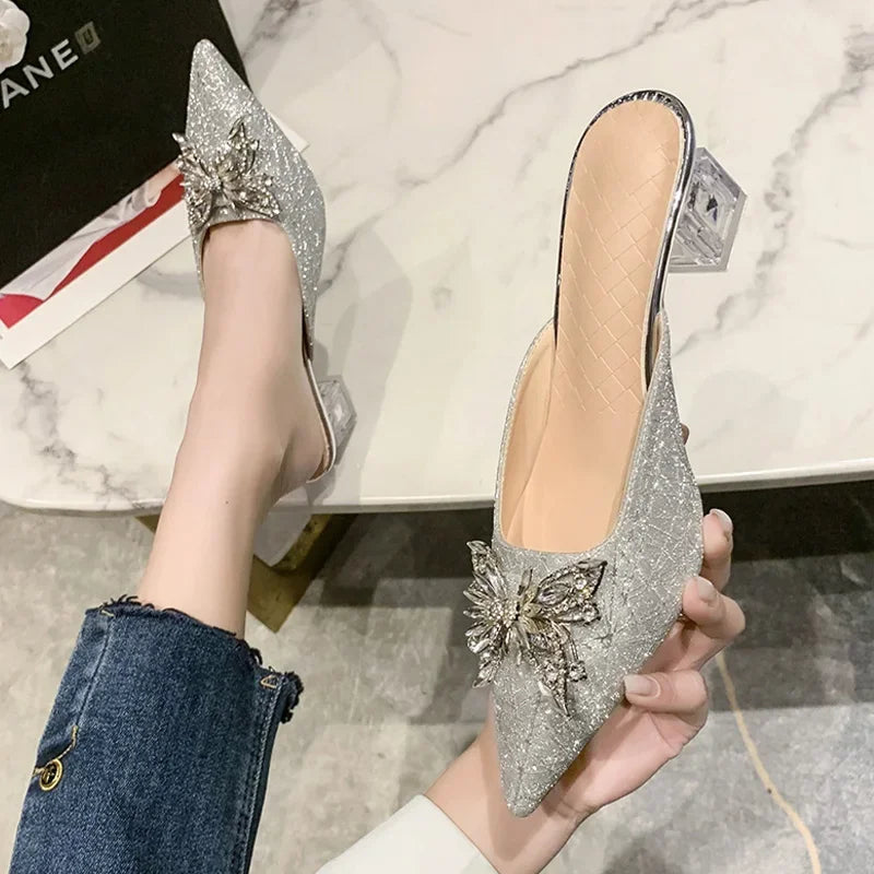 Women Mules Dress Summer Pointed Crystal Slides Flops 2024 Sexy Sandals Designer Shoes Luxury High Flip Toe Pumps Heels