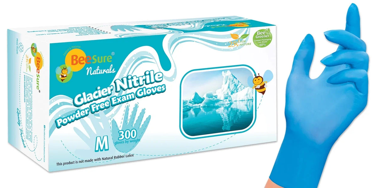 Glacier Blue Medium BeeSure 2927 Examination Free 300/Box Gloves Nitrile Powder Cranberry