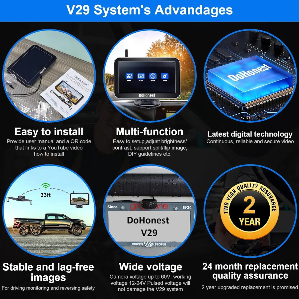 Van vision to Cam Truck Easy Signal Camper Camera Stable Car Reverse Wireless 7-Inch: 2 Bluetooth Plug Backup Channel Night Install V for Play DoHonest Kit Monitor Auto-Switching 1080P and HD Pickup