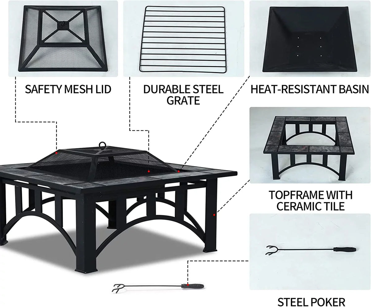 Screen Fire Tabletop and Patio Burning 35'' Tables Heating, Poker Bonfire,Camping,Outdoor Tile for Outside for Grand Wood Spark Pits Patio Square Marble with Fire