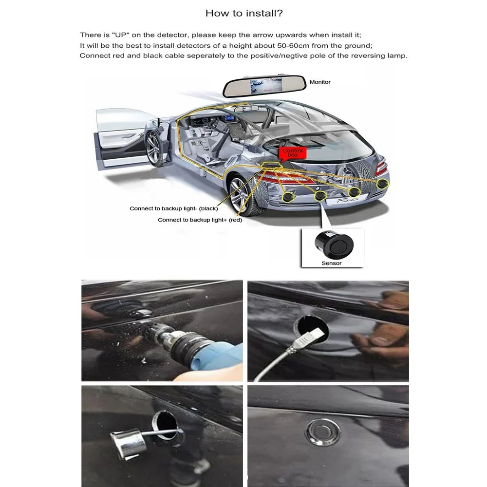 Parking beeps, Radar Diameter 4 Sensor Detection Cable) 2.3M Packs Car Backup Distance:30~150CM, X60D Buzzer System, (Black) Waterproof Reverse Sensors (22mm