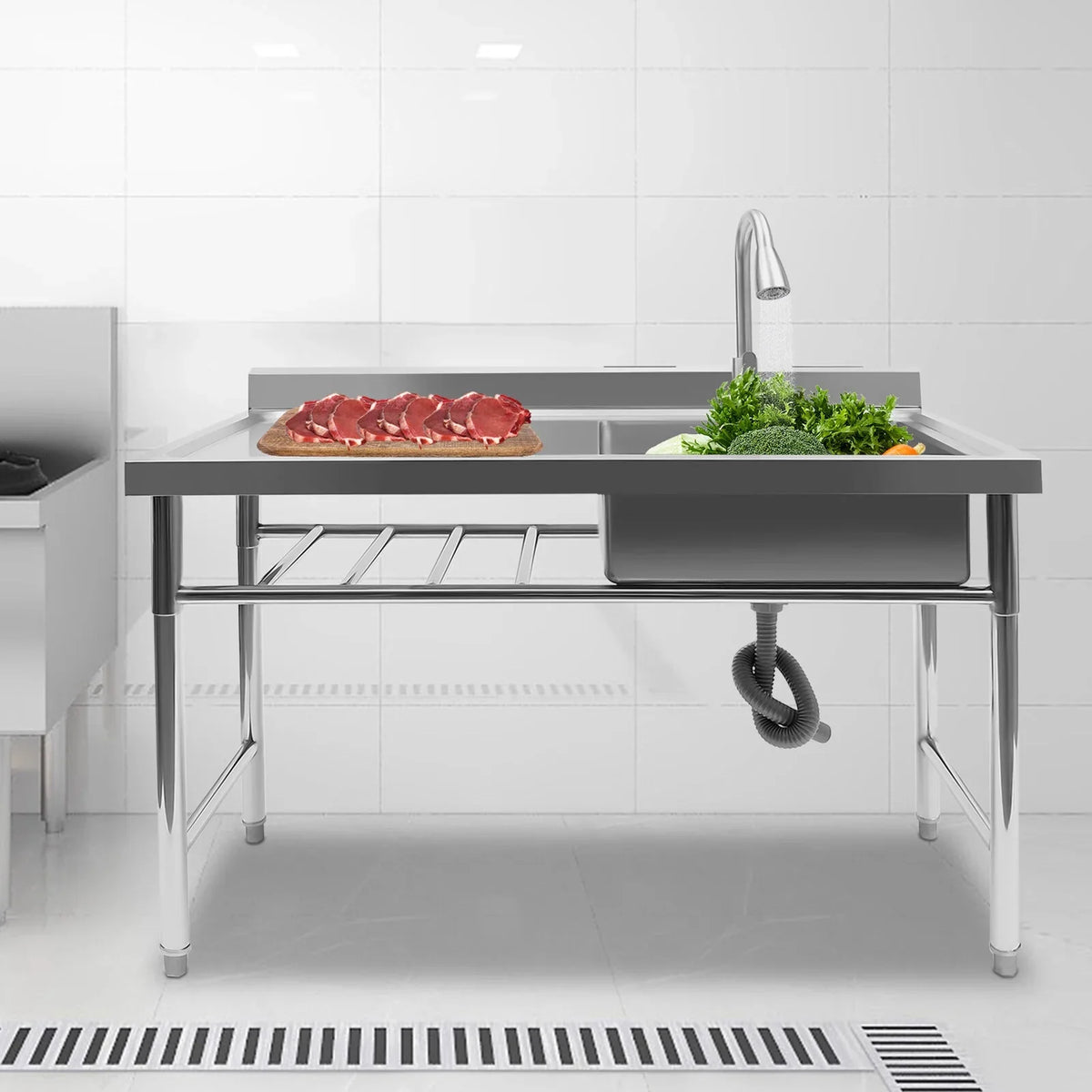 Freestanding Restaurant Washing & w/Catering Stainless Pull-Out Faucet Steel Compartment Kitchen Sink, Table Prep & 1 Basin Sink Utility Commercial Drainpipe Hand Aiqidi 47"