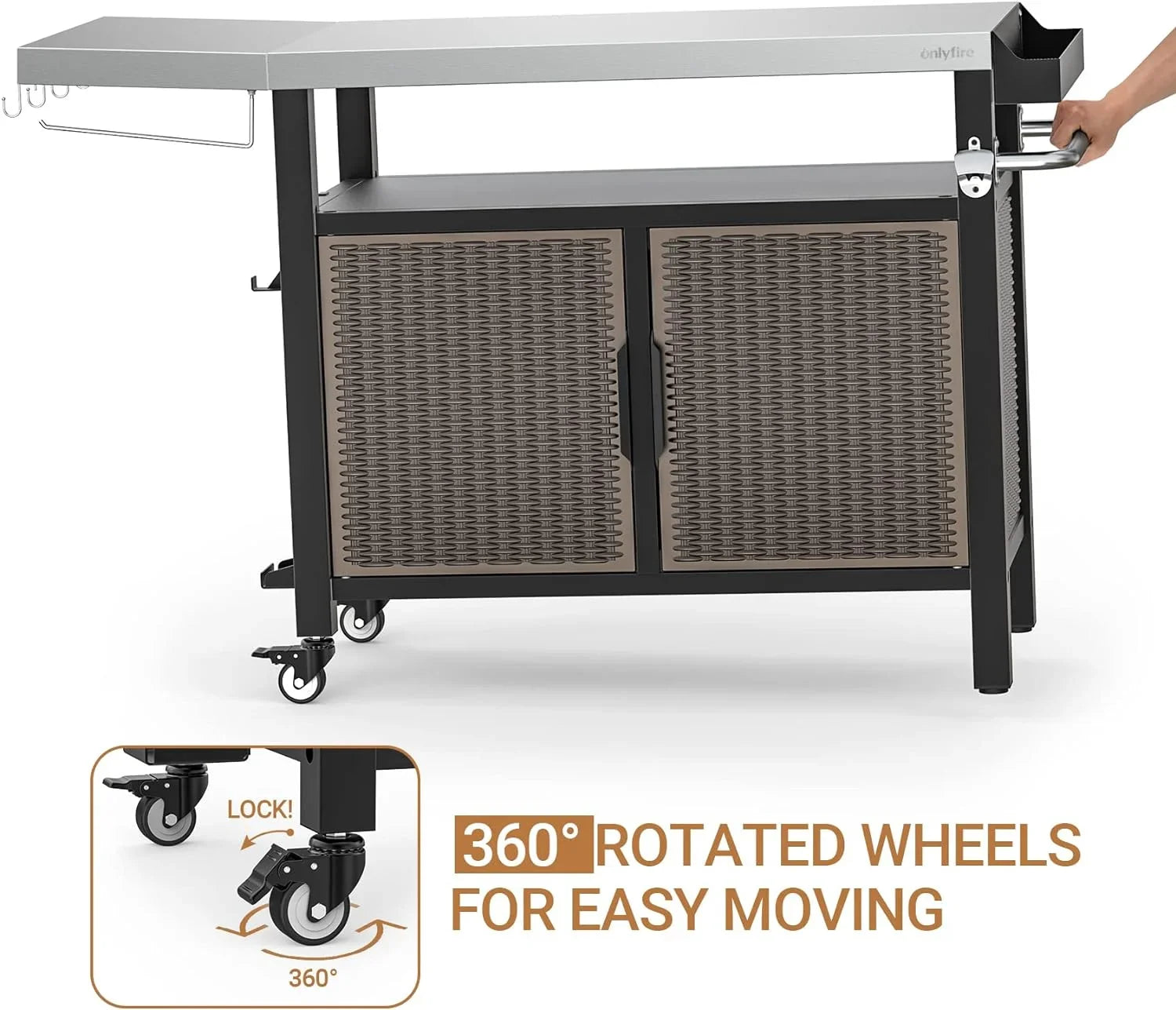 SUSIMOND and Table Rolling Shelf Stainless XL Wheels with Storage Countertop, Side Outdoor Steel 53-Inch Cart Indoor Worktable Island with Cabinet Kitchen for Dining