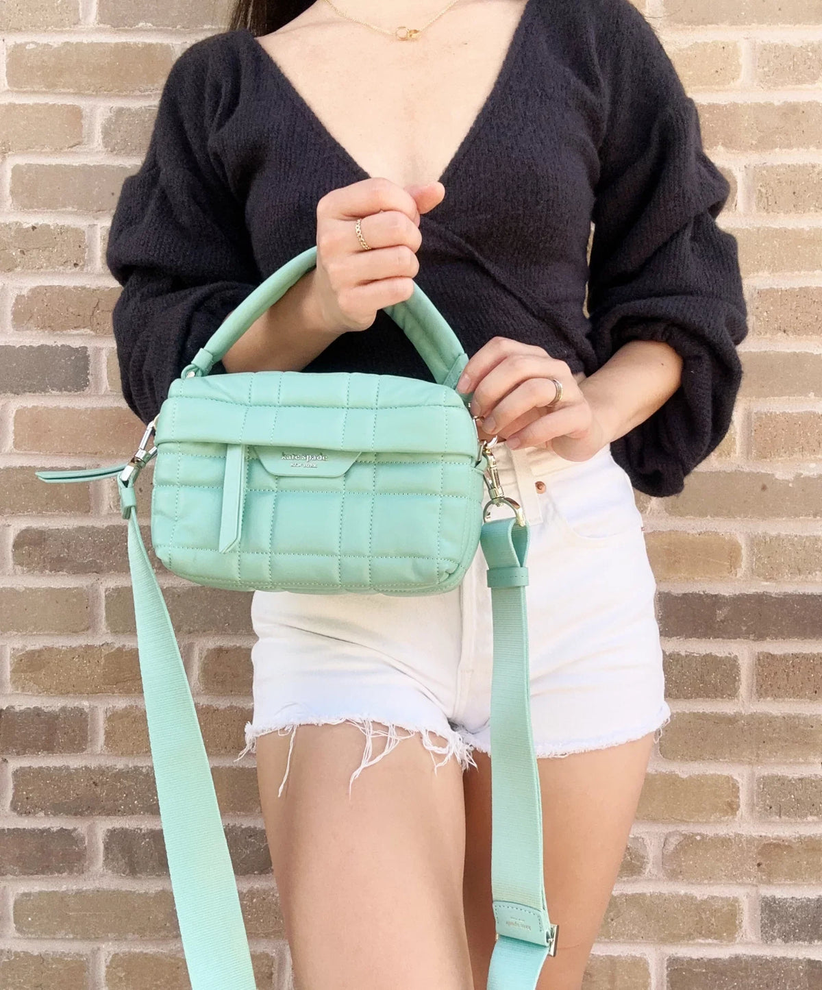 '- New Women's Clutch York Small Softwhere Spade Convertible Crossbody Quilted Green Leather Kate