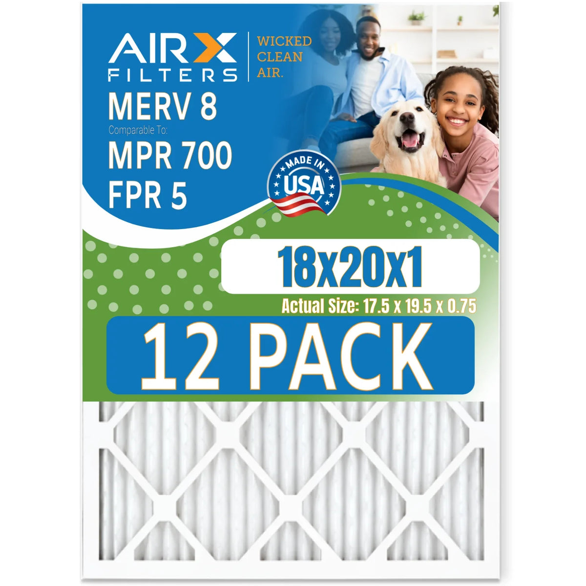 700 Filters 5 FPR Rating, Air - MERV USA Comparable Pack WICKED Made 12 Filter AIR. in by to Furnace CLEAN 18x20x1 MPR & of FILTERS 8 AIRX