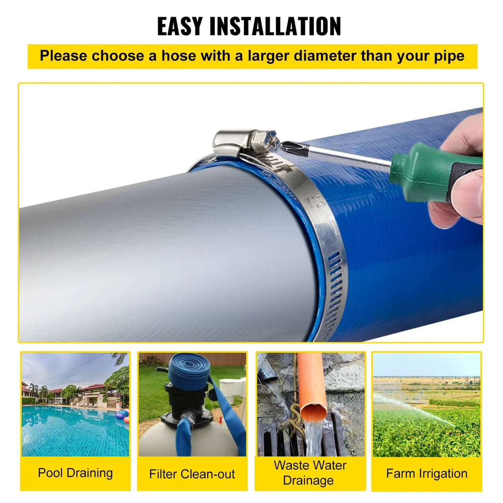 Transfer, Swimming Clamps, 2" Duty Hose Drain Flat 105', PVC Discharge Weather-proof Water Lay with Heavy for & Fabric Backwash BENTISM Ideal & Pool Blue x Hose, Burst-proof, Hose,