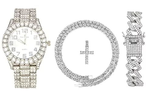 Be Cross - Out Iced Charles Tennis SLV ST10327AR Matching - Raymond Blinged (24") Set ZZ Cuban The Mens Shiny & Bracelet Out Dial w/Diamond Necklace 3pc Set Luxury Quartz Choose Lit Wristwatch