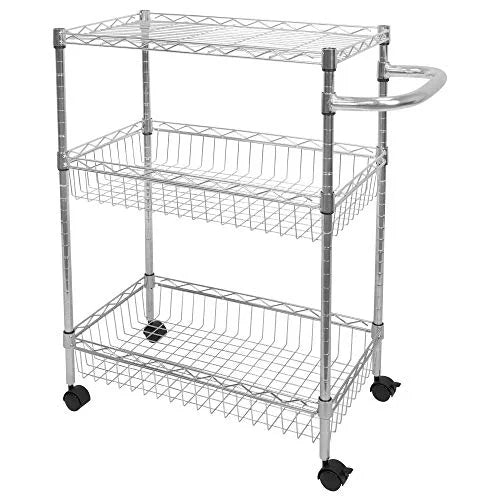Wire Cart with 3-Tier Metal Handle for Storage Wheels and Cart Mesh Heavy-Duty Storage Silver Kitchen Trolley Multi-Function | Rolling Organization and | Mount-It! |