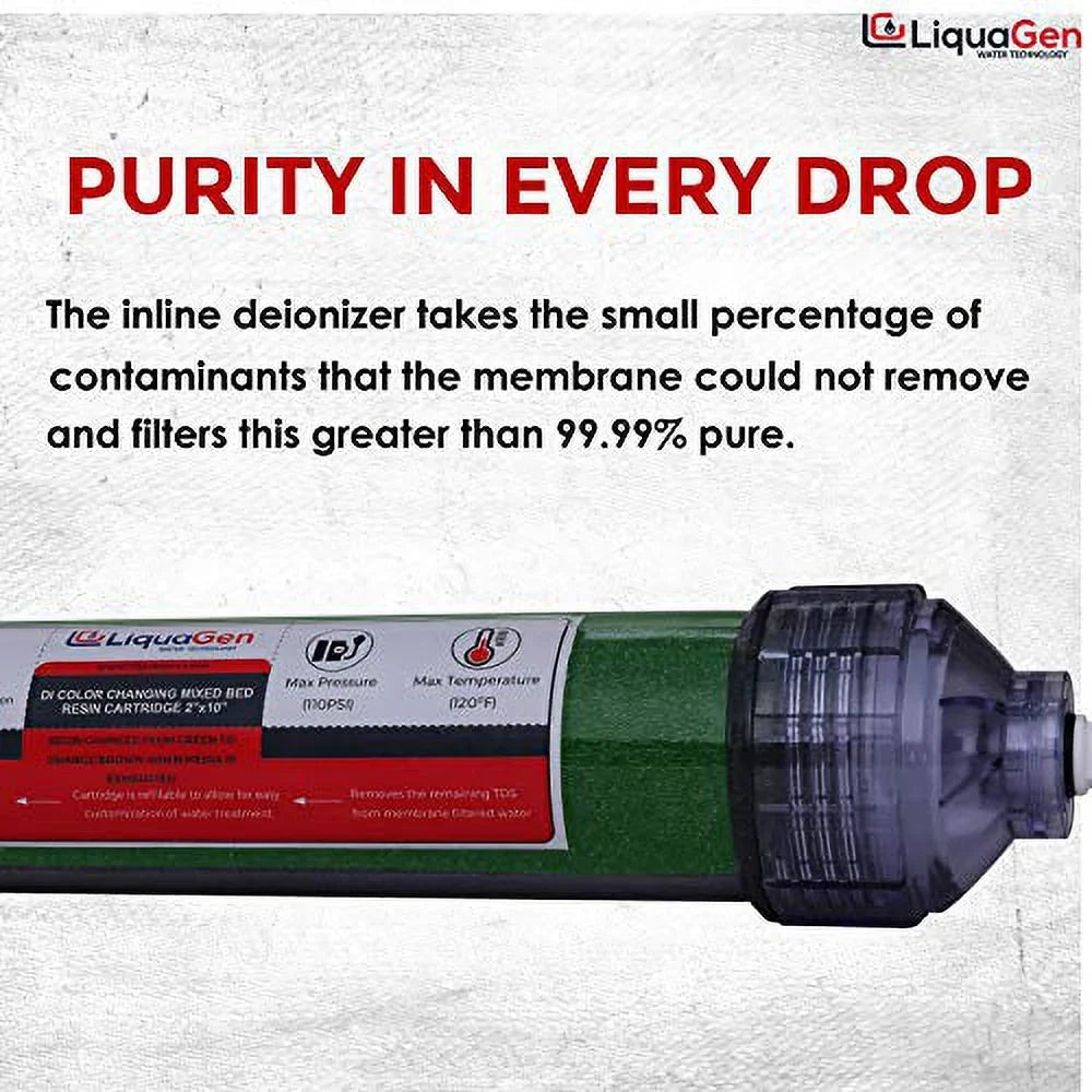 Zero - LiquaGen Ultrapure TDS Systems | Easy Water Pack for Canisters Deionization | Inline Replacement for Engineered RO/DI Universal 2 Change 1/4" Filter (DI) Inlets -