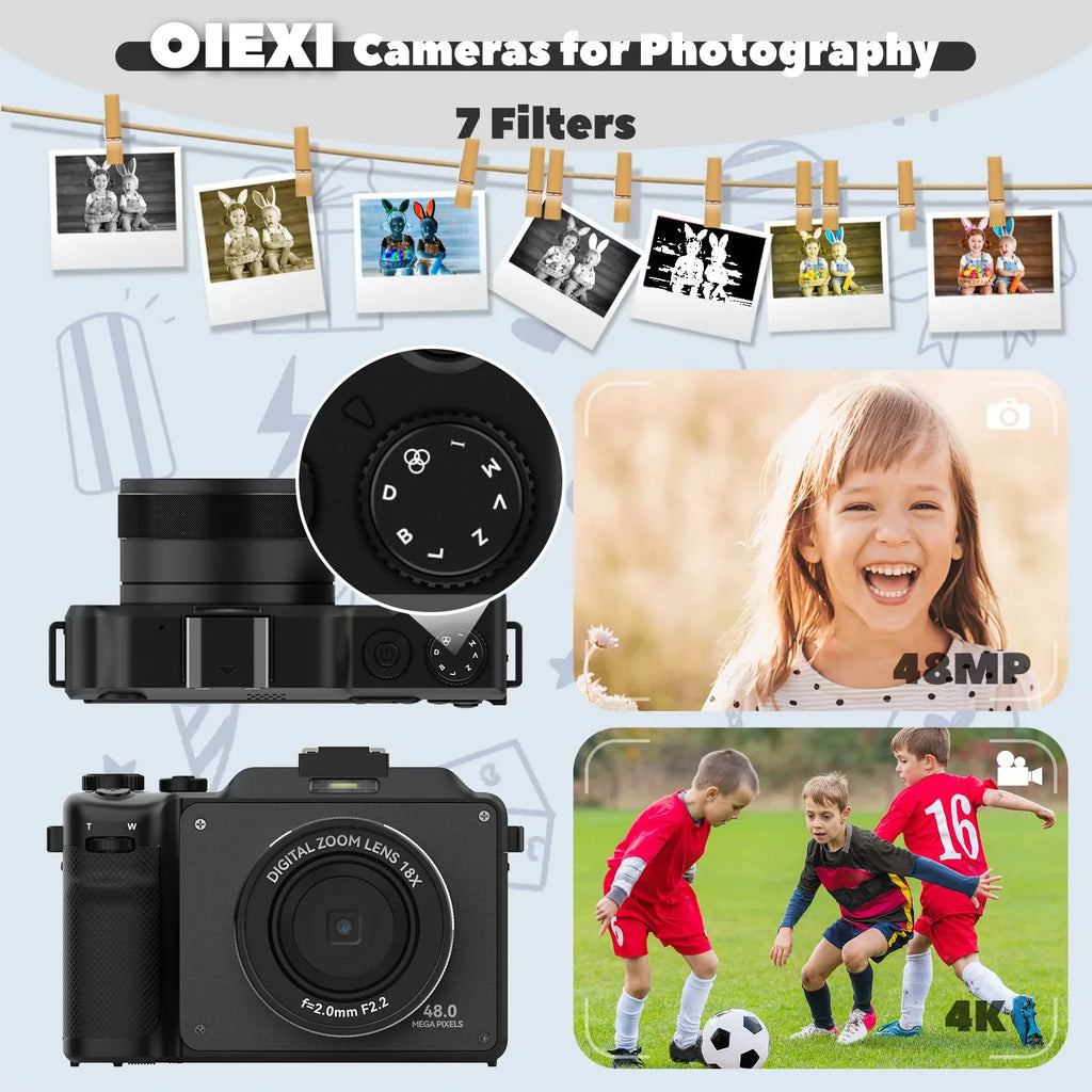 Micro Zoom,3.0-inch for Kids/Teens/Beginners(Black) Camera Video Digital OIEXI with Cameras,18X Front for and Card,Rechargeable 48MP Dual Digital Screen,32GB Rear Camera Photography,4K Battery,Camera