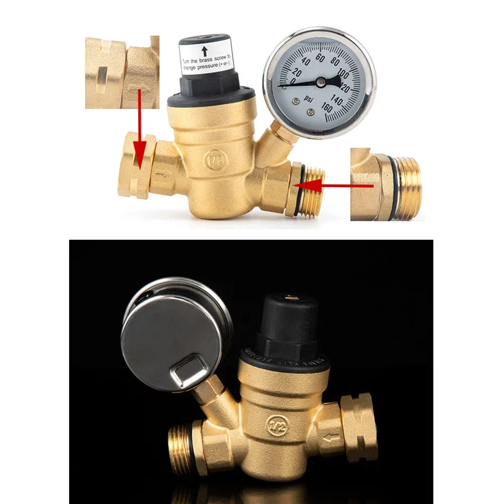 RV Inlet with Lead-Free Travel Ideal Pressure Gauge and 0-160PSI Adjustable for Water Valve Screened Filter, and Regulator Brass, Trailers -