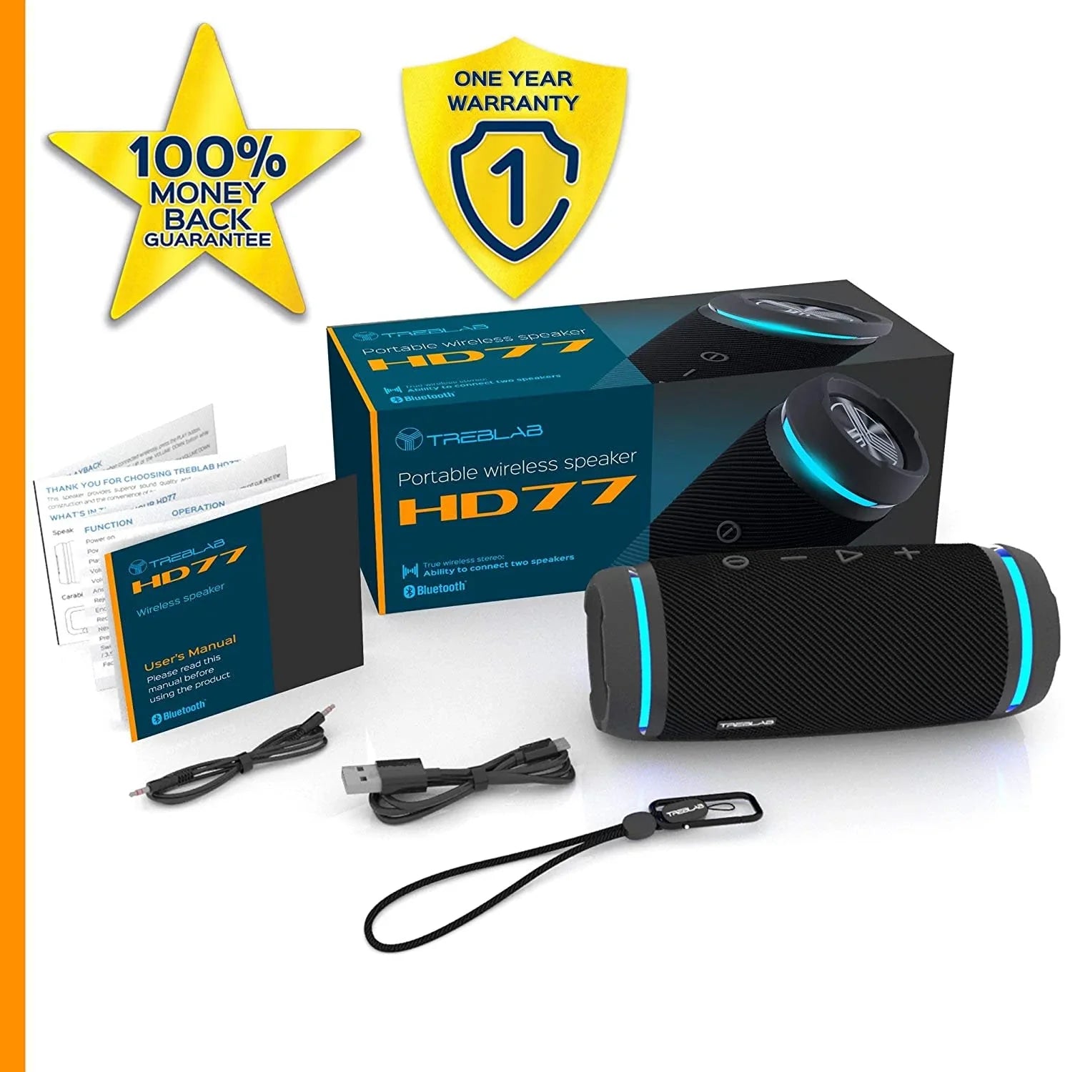 TREBLAB Black Wireless Speaker, Rugged HD77