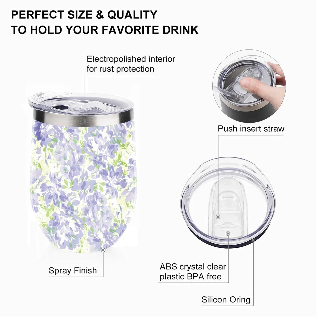 Vacuum Blue U Lid, 12oz Wine Shape Cup Hidove Eggshell 304 Tumbler Layer Stainless Floral with Double Green Pattern Insulated Belly Insulation Cups Big with Cup Cups, Cup Steel