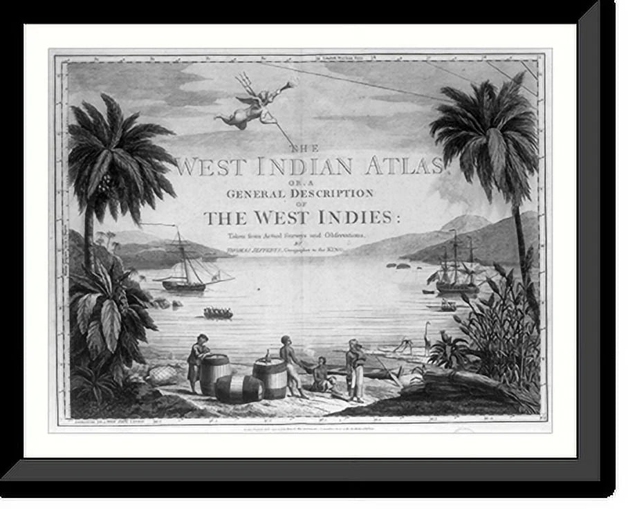casks, the West the showing Indies on beach 17-7/8" Framed and Historic harbor], [A a in Natives in the and British two Print, large with scene sailor three x ships 21-7/8"