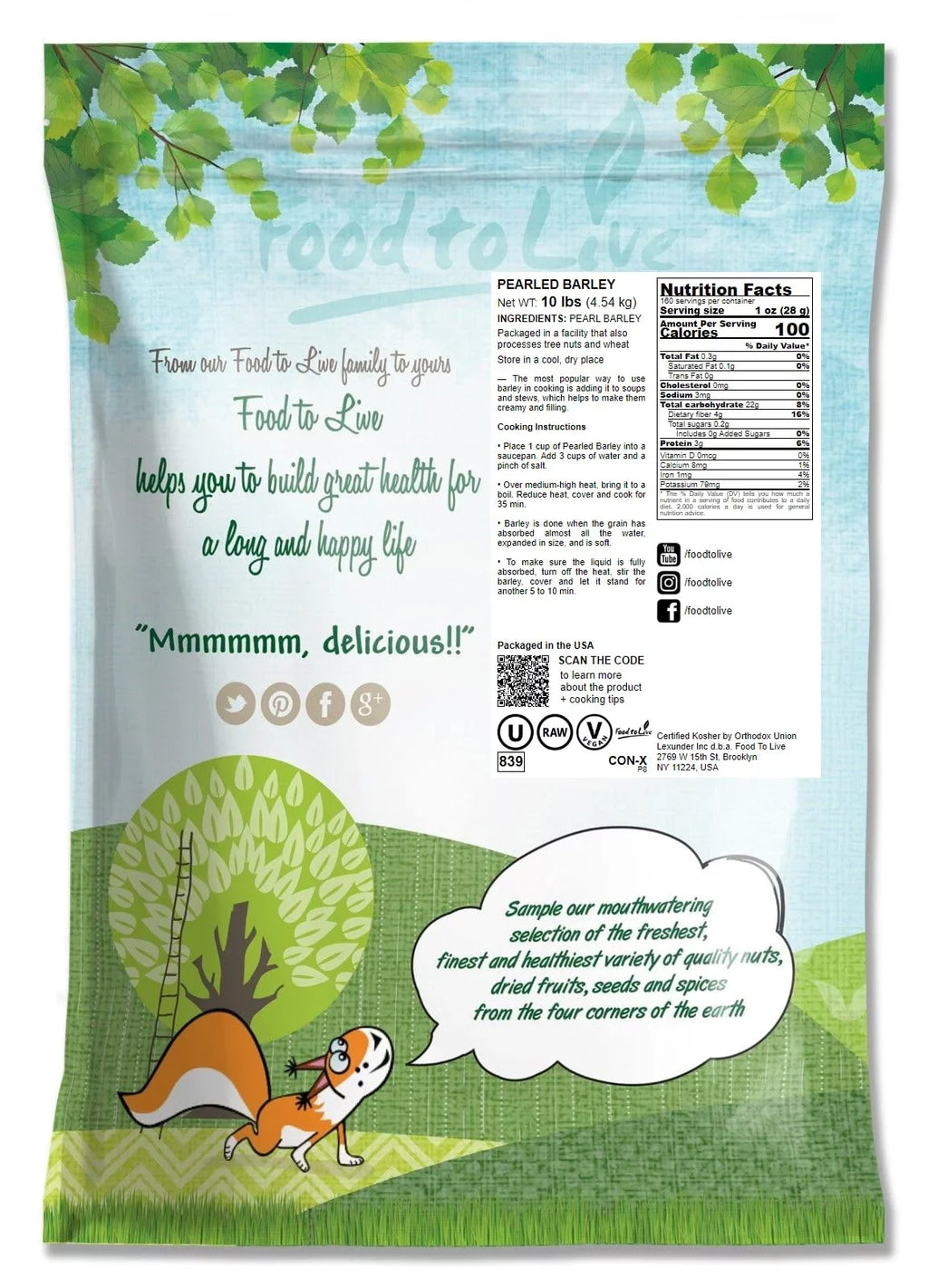 Kosher, Pearled 10 Pounds by Live Food Barley, — — to Vegan, Raw