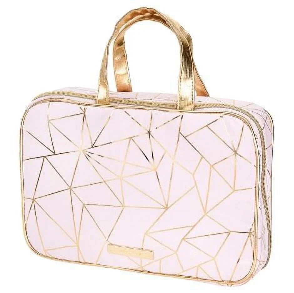 Tartan Geo Set, Foil Deluxe 1 + 3-Piece Twine Zip Cosmetic Bag Gold Pink Beauty CT Weekender