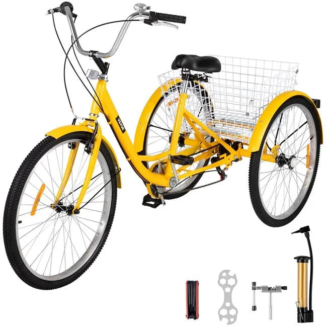 24 Vevor Adult Wheel Tricycle Trike Yellow Large in. for Basket 7-Speed 3 with Bike Riding Bicycle