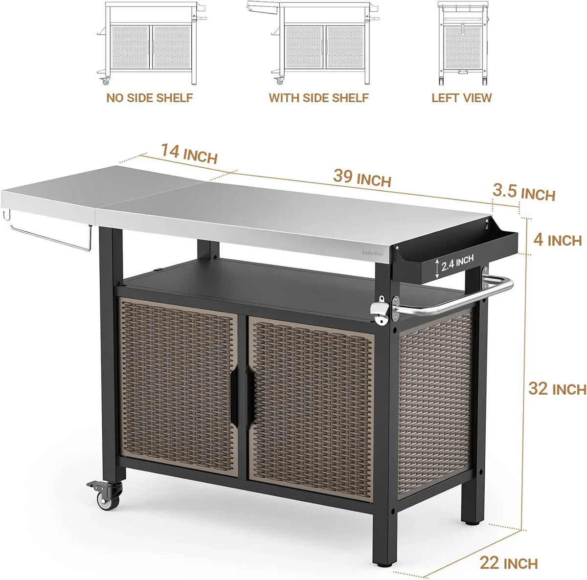 SUSIMOND and Table Rolling Shelf Stainless XL Wheels with Storage Countertop, Side Outdoor Steel 53-Inch Cart Indoor Worktable Island with Cabinet Kitchen for Dining
