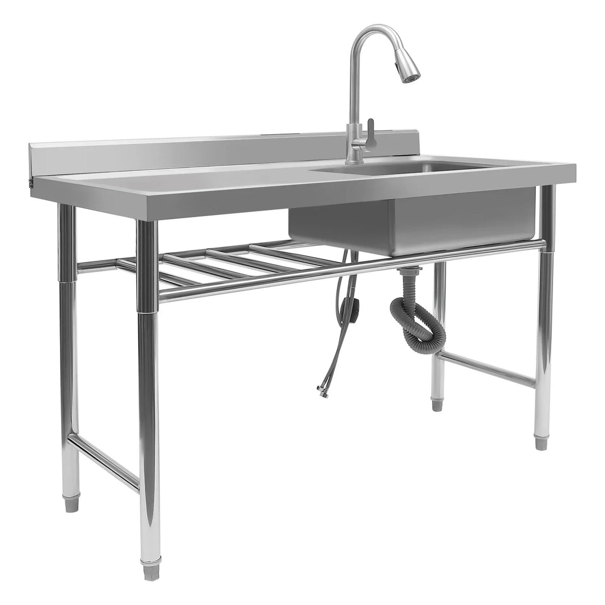 Freestanding Restaurant Washing & w/Catering Stainless Pull-Out Faucet Steel Compartment Kitchen Sink, Table Prep & 1 Basin Sink Utility Commercial Drainpipe Hand Aiqidi 47"