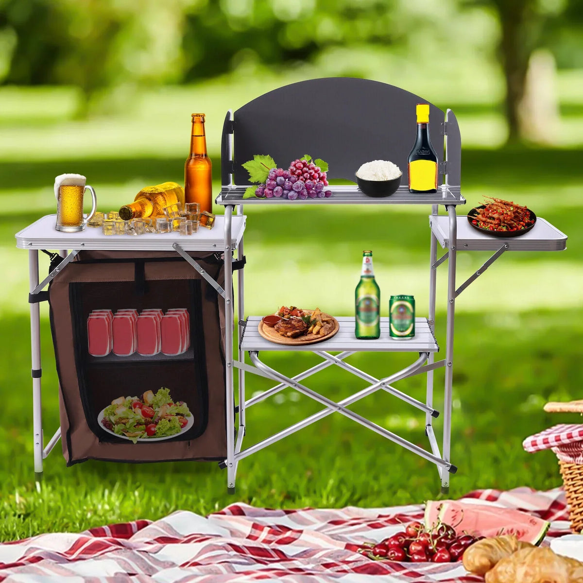 Barbecue Camping Folding Table Portable Rack+Brown Fabric Station Cover