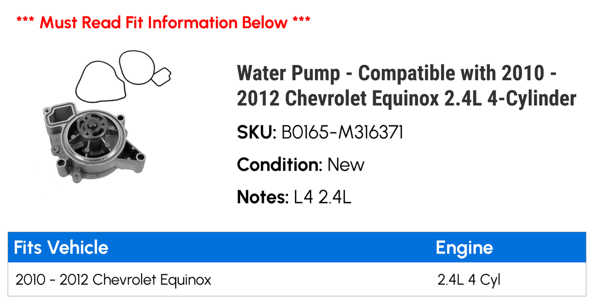 2010 - 2.4L Compatible - 4-Cylinder 2012 Equinox 2011 with Pump Water Chevy