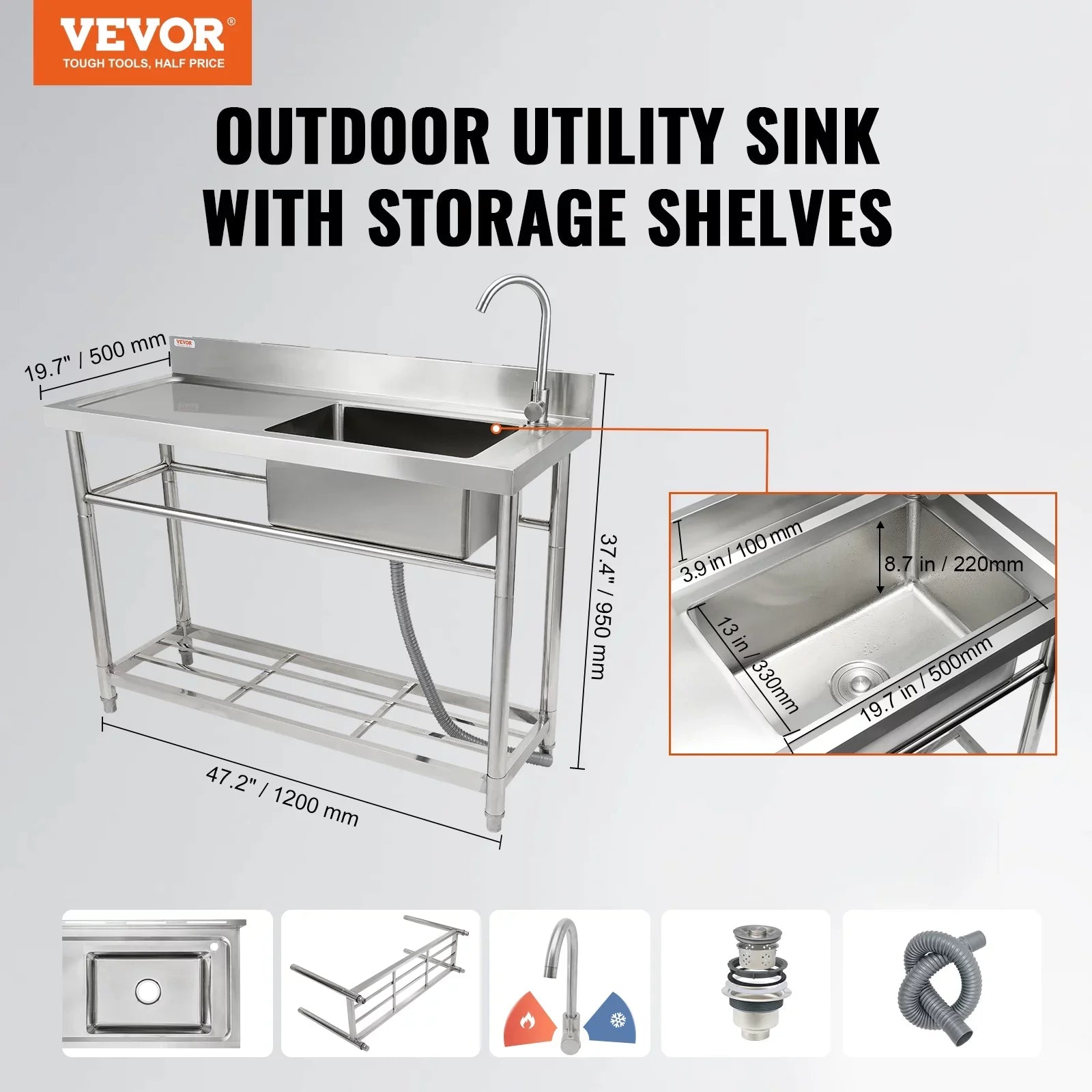 Sink & Utility 47.2x19.7x37.4 Commercial Bowl Prep in BENTISM Single w/Workbench