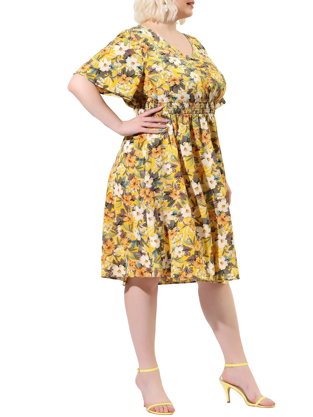 NOVA Plus 3X Yellow Midi Flare Neck V Sleeve Dress Print Casual MODA Floral Juniors'