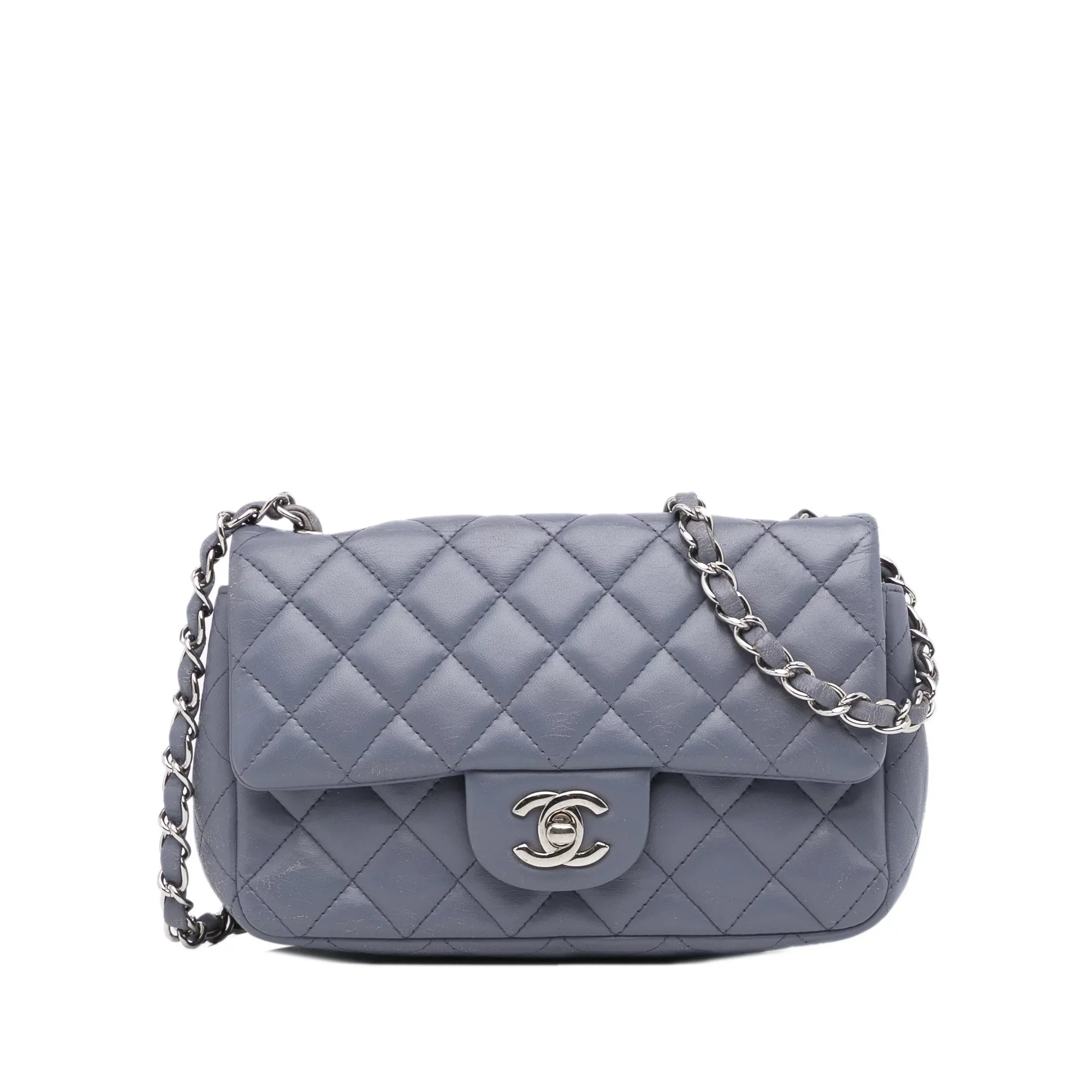 Classic Chanel Mini Flap Leather Lambskin Pre-Owned Authenticated (Fair) Single Bag Unisex Crossbody Rectangular Gray