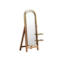 Mid-Century Modern Standing Mirror with Gold Frame and Wooden Base