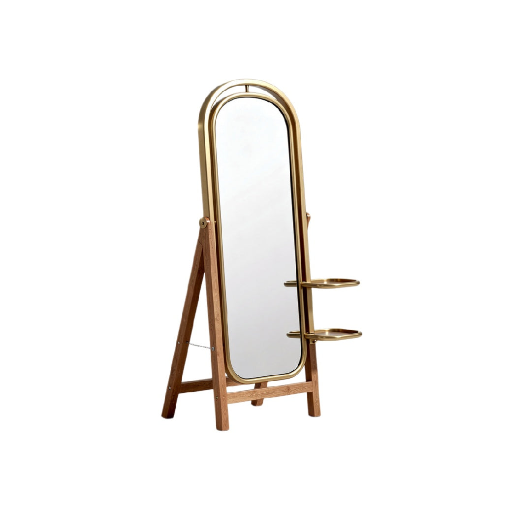 Mid-Century Modern Standing Mirror with Gold Frame and Wooden Base