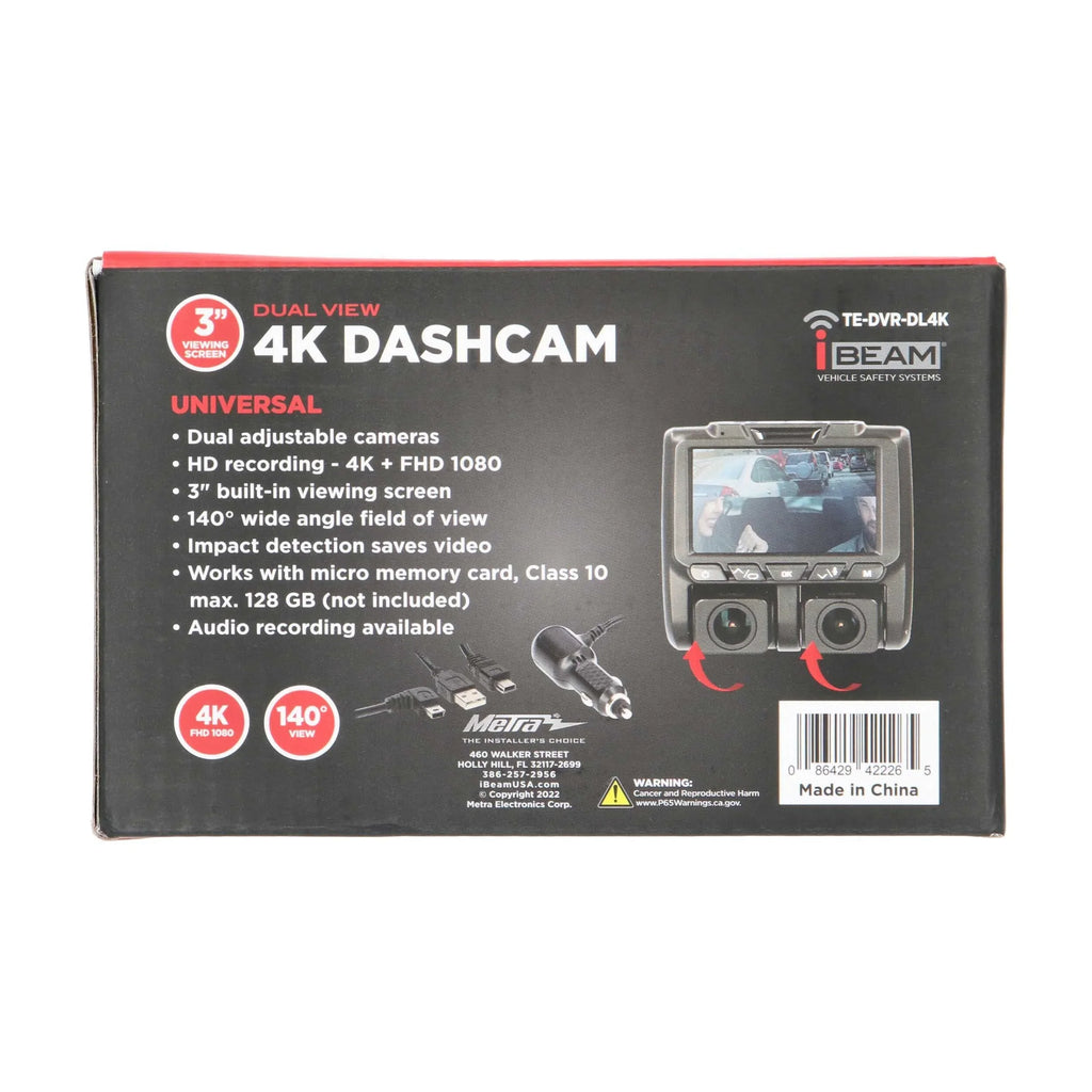 w/ Built-in Screen Camera Dual-View TE-DVR-DL4K Dash DVR Viewing 3" iBeam & 4K